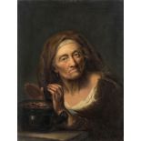 After Giuseppe Nogari, Italian 1699-1766- An old woman warming her hands; oil on canvas, 50.6 x 25.9