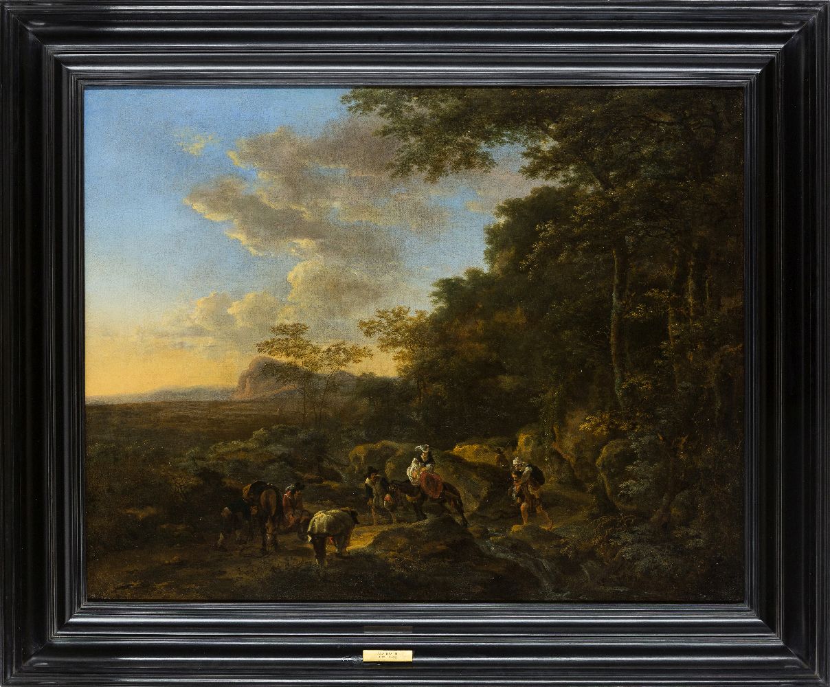 Jan Dirksz. Both, Dutch 1615-1652- A wooded landscape with travellers crossing a ford; oil on - Image 2 of 3