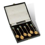 A set of enamelled silver gilt coffee spoons, Birmingham, 1952, Turner & Simpson, the six spoons
