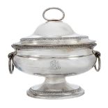 A George III silver soup tureen, London, 1788, Robert Sharp, the oval body flanked by foliate ring