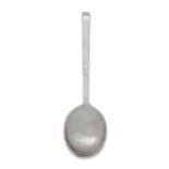 A silver slip-top spoon, apparently unmarked, the tapering stem scratch engraved with the initials