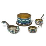 A group of Russian cloisonné enamelled items comprising: a pair of small cloisonné enamel silver