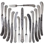 A mixed group of 18th century silver handled flatware comprising: three various knives with cannon