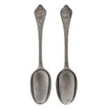 A pair of William & Mary silver dog-nose spoons by Pierre Harache, London, 1699, both later