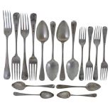 A quantity of Georgian silver flatware, various dates and makers, comprising: 24 Hanoverian
