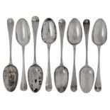 Eight 18th century Hanoverian rat-tail pattern table spoons, various dates and makers including; a