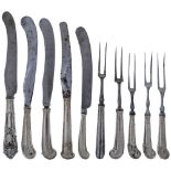 A mixed group of 18th century silver-handled flatware comprising five knives and five two-tined