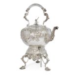 A silver hot water kettle with stand and burner, London, 1859, Robert Harper, the round kettle