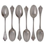 A matched set of six Queen Anne silver dog-nose dessert spoons, London, five 1704, (no maker's