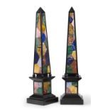 A pair of modern Italian pietra dura obelisks, inlaid with various stones including lapis lazuli,