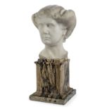 A Continental white marble bust of a young lady, early 20th century, unsigned, on a breche