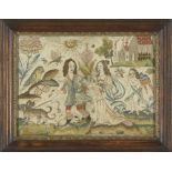 A Charles II silk embroidered panel, c.1660-70, with a courting couple walking two dogs,
