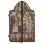 A pair of Greek polychrome decorated doors from an iconostas, early 19 century, the central scene