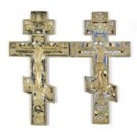 Two Russian Orthodox brass and enamel hand-held blessing crosses, 19th century, 36cm and 37cm