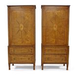 A rare pair of George III satinwood and marquetry inlaid cabinets, the burr walnut crossbanded top