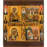 A Russian quadripartite icon with the Crucifixion, late 19th century, depicting the Mother of God