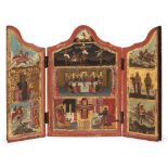 A Russian travelling triptych icon, early 19th century, the central panel depicting the Last Supper,