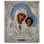 A Russian icon of the Mother of God of Kazan, 19th century, unknown maker, Cyrillic S.G. to oklad,