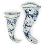 Two Worcester porcelain blue and white wall pockets, c.1755-65, blue crossed swords mark to the