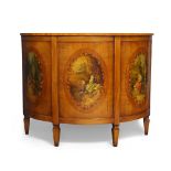 A George III style demi lune side cabinet, 20th century, polychrome painted with shell patera to top
