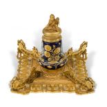 A Victorian gilt-bronze and porcelain inkwell, late 19th century, in the chinoiserie taste, the