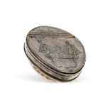 A George III white-metal mounted cowrie shell snuff box, late 19th/early 19th century, the hinged