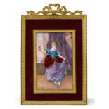 A French enamel plaque of a lady, signed Rochat, early 20th century, depicted in colourful dress