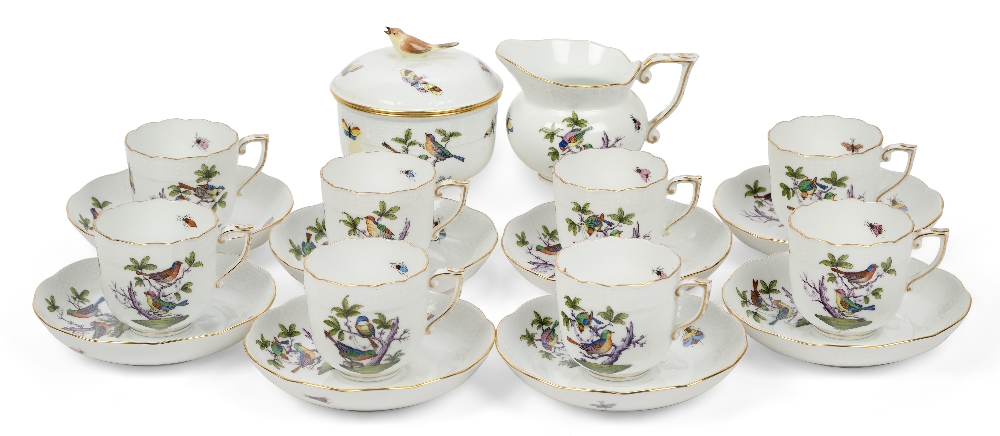 A Herend 'Rothschild Bird' ROM part coffee set, 20th century, comprising six coffee cups with