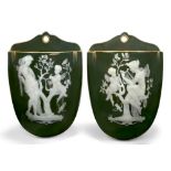 A pair of George Jones olive-brown porcelain pate-sur-pate wall pockets, c.1885, 5653 in gilding