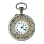 A white metal patent watch aneroid barometer, early 20th century, keyless pocket watch with combined