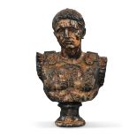 A terracotta bust of the Roman Emperor Augustus, 20th century, on integral socle base, approx.