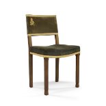 A George VI limed oak coronation chair, by W.Hands and son, velour upholstery with royal emblem,