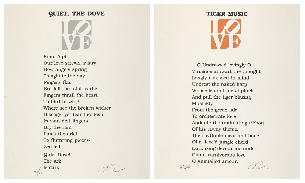 Robert Indiana, American 1928-2018, Quiet, The Dove; Tiger Music, 1996; each screenprint in