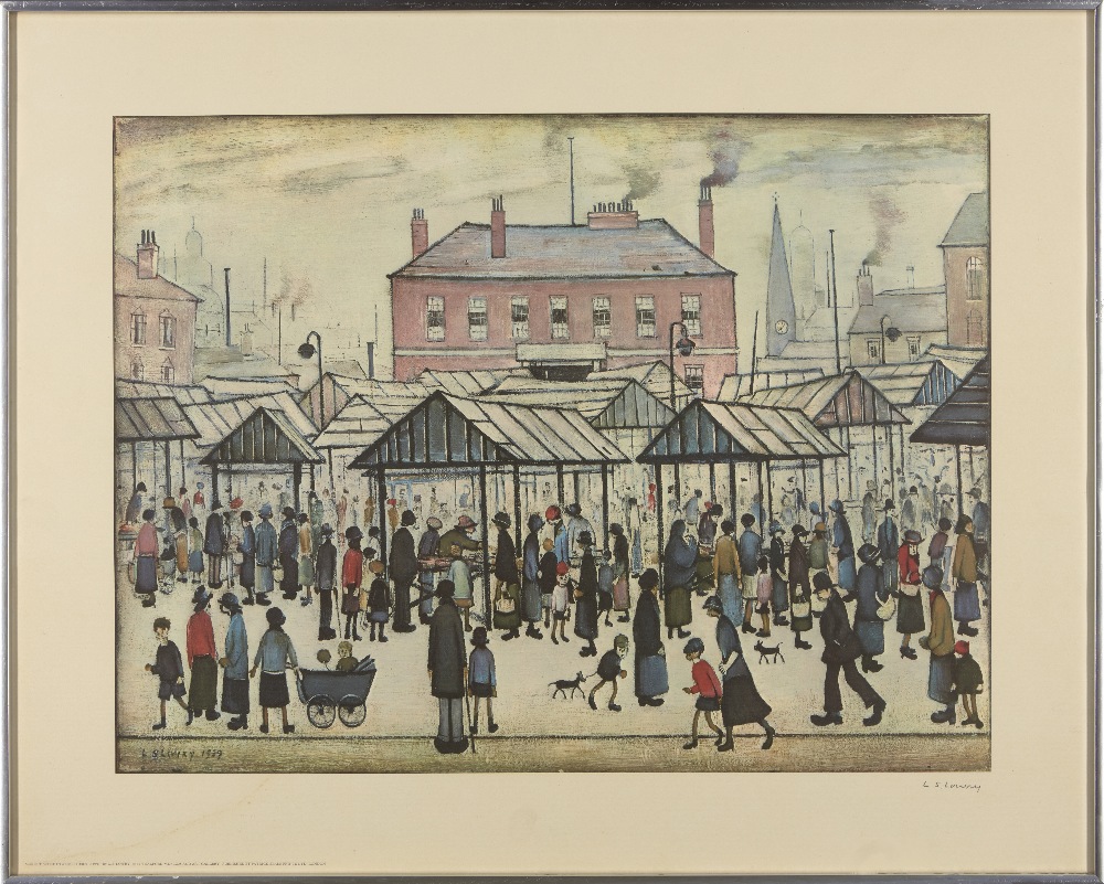 Laurence Stephen Lowry RBA RA, British 1887-1976, Market Scene in a Northern Town, 1939; offset - Image 2 of 2