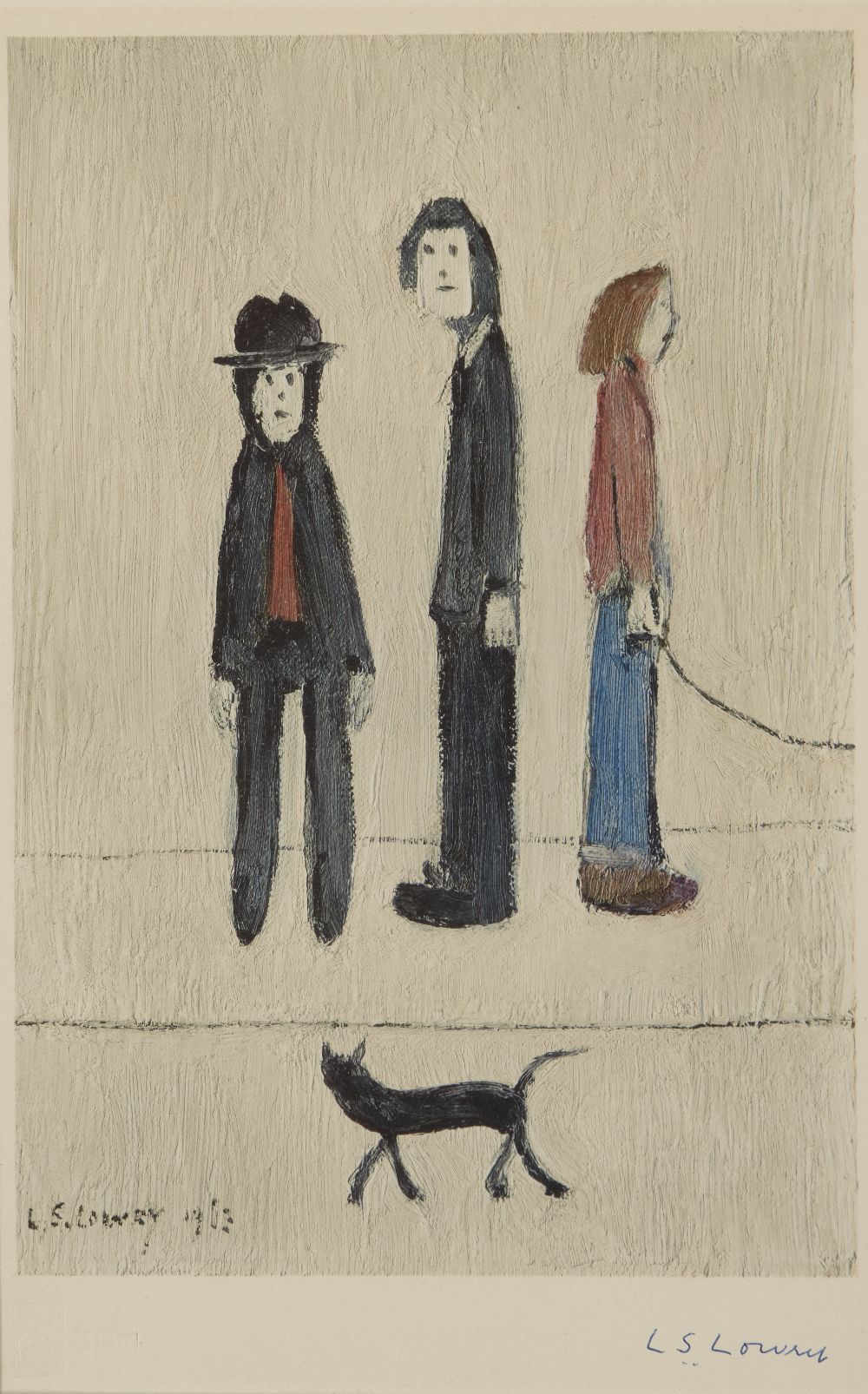 Laurence Stephen Lowry RBA RA, British 1887-1976, Three men and a cat, 1971; lithograph in colours