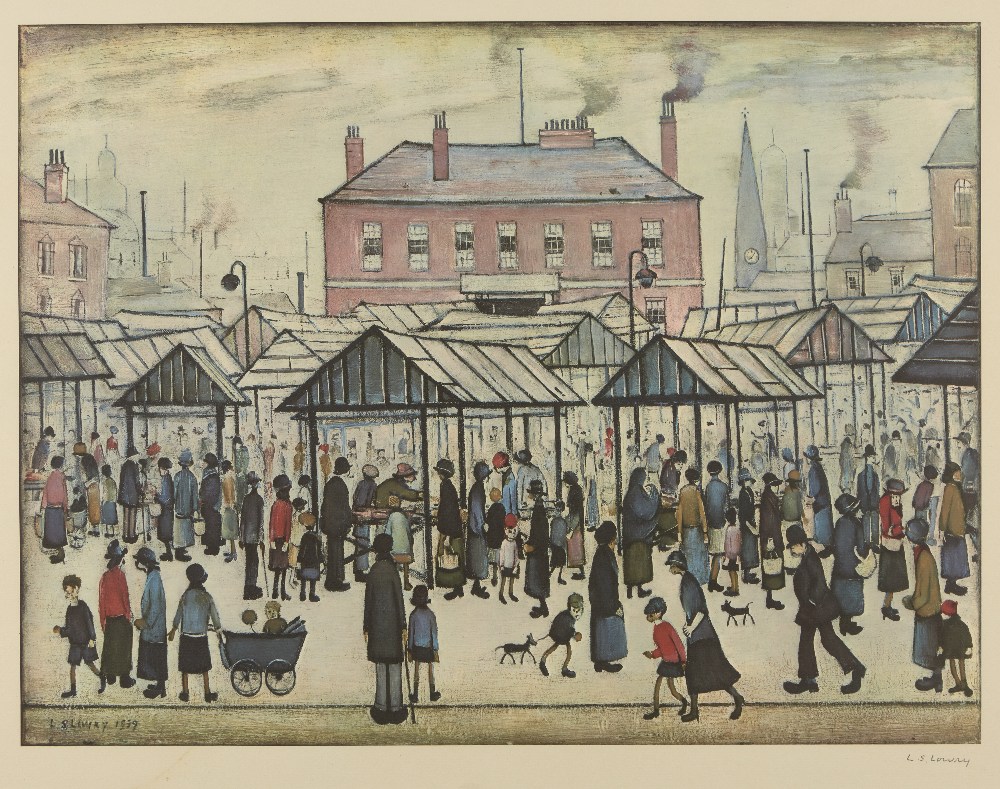 Laurence Stephen Lowry RBA RA, British 1887-1976, Market Scene in a Northern Town, 1939; offset
