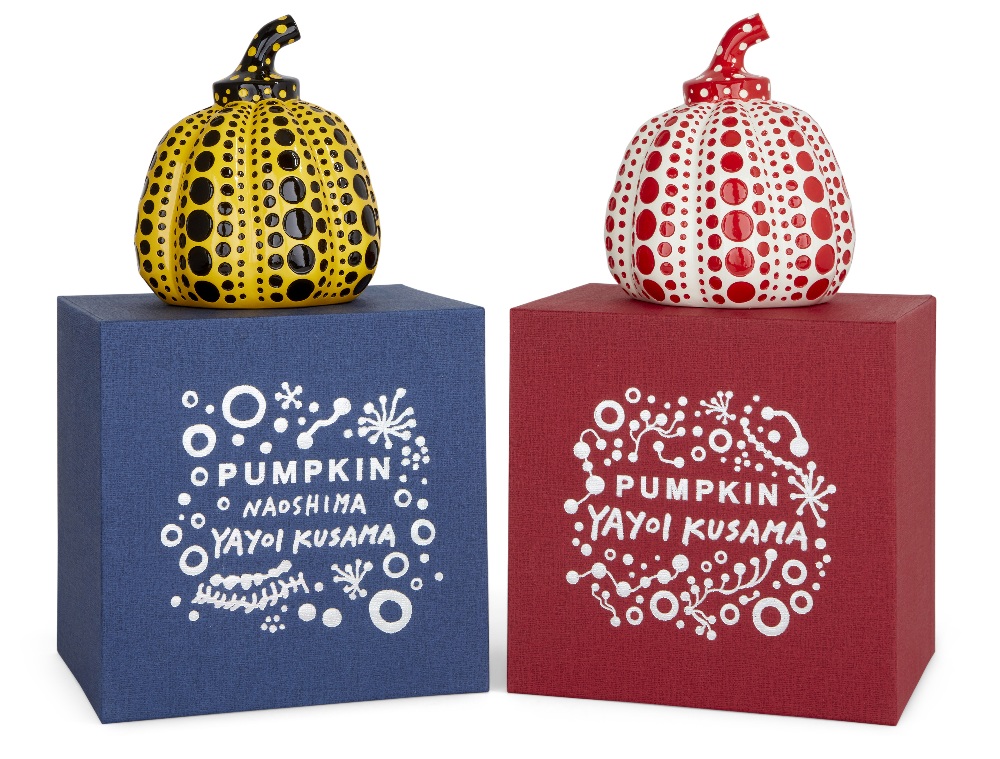 Yayoi Kusama, Japanese b. 1929- Pumpkins: red and white; yellow and black; two cast resin sculptures