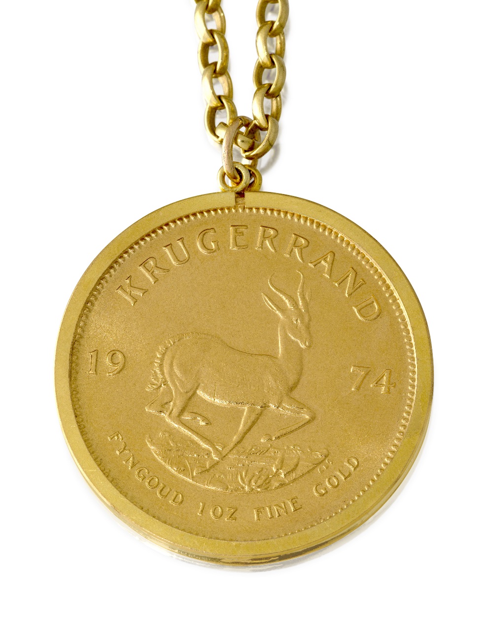 A 9ct gold pendant mounted South African Krugerrand coin, 1974, to a 9ct gold cable link neck chain, - Bild 2 aus 2