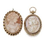 Two gold mounted shell cameo brooches, one early 20th century of oval form depicting a female