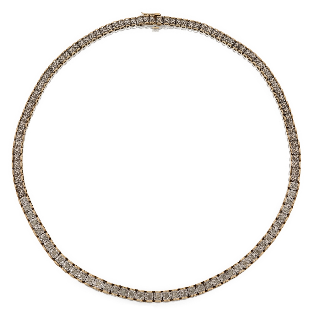 A 9ct gold, flexible diamond necklace, composed of a single row of pavé set single-cut diamonds