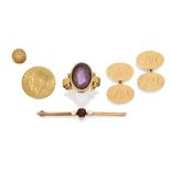 A group of coins and jewellery comprising: a George V gold sovereign, 1915; an 18ct gold diamond