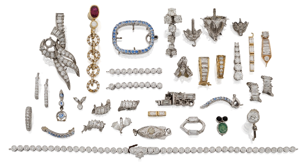 A group of diamond-set fittings, including a single earring set with an old brilliant-cut diamond