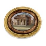 A 19th century gold mounted Italian mosaic brooch, the oval mosaic depicting the Pantheon, Rome,