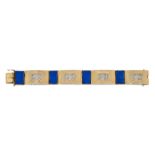 A 20th century gold and enamel bracelet, composed of four rectangular engine-turned hinged panels,