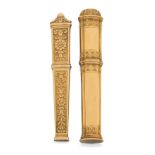 Two French gold bodkin/needle cases, 19th century, one of flat tapering form embossed with