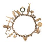 A 9ct gold charm bracelet, the curb link bracelet suspending fourteen charms including an owl, an