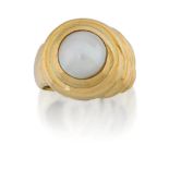 A cultured mabe pearl ring, collet-set in stepped stylised mount tapering to a plain hoop, hoop