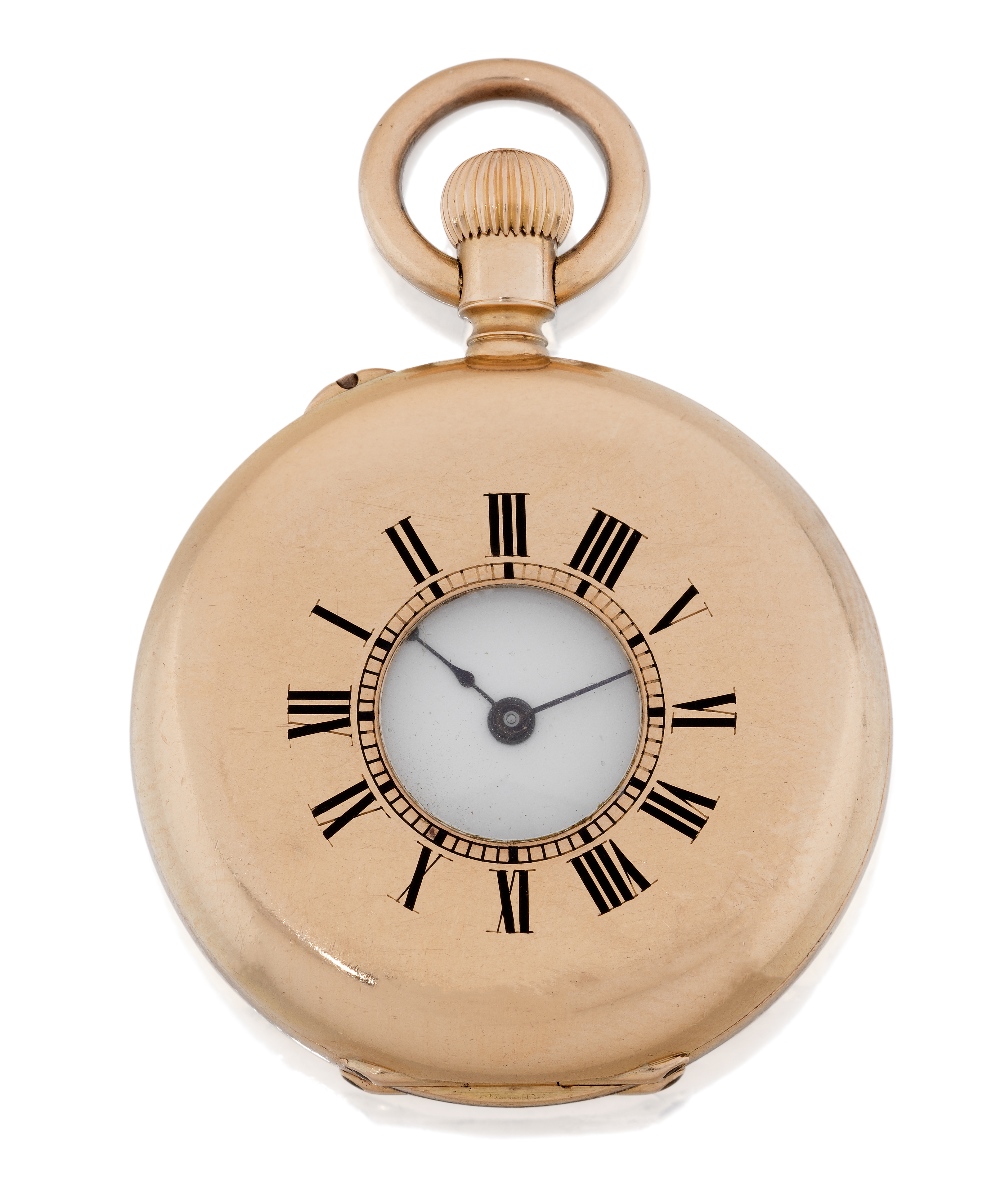 H.R. Ekegren, Geneva. A small gold half hunter pocket watch, Circa 1860 white enamel dial with