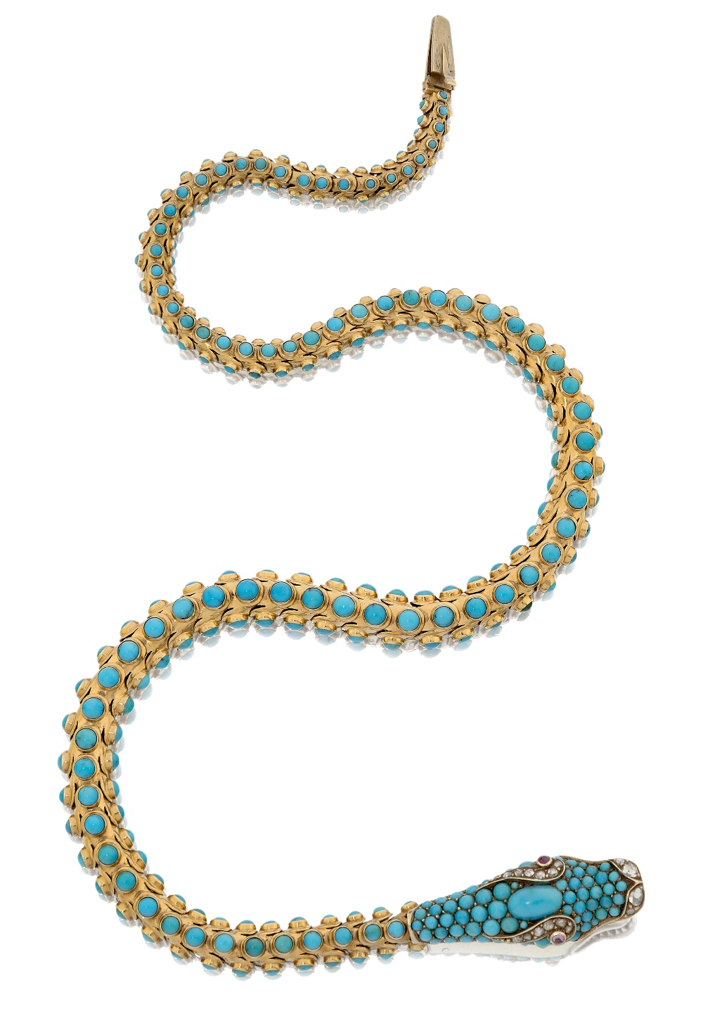 A Victorian gold and turquoises snake necklace, the graduated articulated body set with three rows