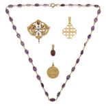 A group of jewellery comprising: an amethyst necklace, clasp stamped 375, composed of a single row